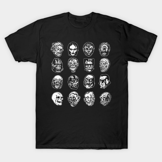 Horror Movie Monster Masks (B&W variant) T-Shirt by monstermangraphic